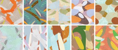 Soyut vektörsüz şablon ayarlandı. Organik grunge, üst üste binen dalgalı şekiller ve çizgiler. El yazısıyla çizilmiş pastel renkli arka plan. Çizgili noktalı yaprak formları. Düz tekstil kumaşı.