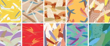 Soyut vektörsüz şablon ayarlandı. Organik grunge, üst üste binen dalgalı şekiller ve çizgiler. El yazısıyla çizilmiş pastel renkli arka plan. Çizgili noktalı yaprak formları. Düz tekstil kumaşı.