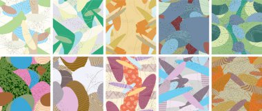 Soyut vektörsüz şablon ayarlandı. Organik grunge, üst üste binen dalgalı şekiller ve çizgiler. El yazısıyla çizilmiş pastel renkli arka plan. Çizgili noktalı yaprak formları. Düz tekstil kumaşı.