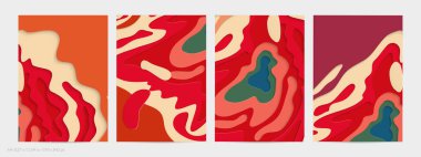 Soyut üç boyutlu kağıt, sanatı keser. Dalgalı kağıt işçiliğiyle renkli bir arka plan. Sanatsal vektör gerçekçi gölgeli şekilleri kesiyor. Parlak oyma dokusu. Topografi yardım taklidi.