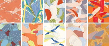 Soyut vektörsüz şablon ayarlandı. Organik grunge, üst üste binen dalgalı şekiller ve çizgiler. El yazısıyla çizilmiş pastel renkli arka plan. Çizgili noktalı yaprak formları. Düz tekstil kumaşı.