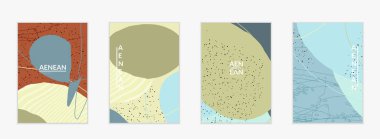 Minimum soyut vektör kaplama şablonu. Organik grunge, üst üste binen dalgalı şekiller ve çizgiler. El yazısıyla çizilmiş pastel renkli arka plan. Çizgili noktalı yaprak formları. Çağdaş tasarım.