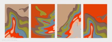 Soyut üç boyutlu kağıt, sanatı keser. Dalgalı kağıt işçiliğiyle renkli bir arka plan. Sanatsal vektör gerçekçi gölgeli şekilleri kesiyor. Parlak oyma dokusu. Topografi yardım taklidi.