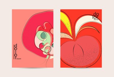 Retro düz renkli organik gıda broşürü. El çizimi meyve çizgisi logosu tasarımı. Yumuşak kıvrımlı grange desenli bitkisel çizgi çizgi. Sağlıklı beslenme broşürü düzeni.