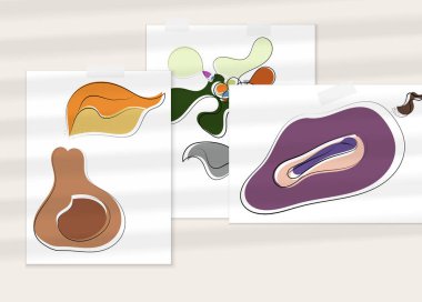 Gölge kaplamalı soyut el çizimi vektör çizimi poster. Çizgi sanatsal çizim ve doku. Retro düz renkler organik doğal tasarım. Organik sağlıklı vejetaryen karalaması..