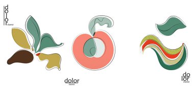 Soyut el çizimi vektör sanatsal logo seti beyaza izole edildi. Çizgi sanatsal çizim ve doku. Retro düz renkler organik doğal Eko gıda tasarımı. Organik sağlıklı vejetaryen karalaması..