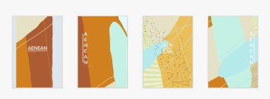 Minimum soyut vektör kaplama şablonu. Organik grunge, üst üste binen dalgalı şekiller ve çizgiler. El yazısıyla çizilmiş pastel renkli arka plan. Çizgili noktalı yaprak formları. Çağdaş tasarım.