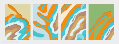 Soyut üç boyutlu kağıt, sanatı keser. Dalgalı kağıt işçiliğiyle renkli bir arka plan. Sanatsal vektör gerçekçi gölgeli şekilleri kesiyor. Parlak oyma dokusu. Topografi yardım taklidi.