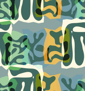 Organik Matisse şekillerinin kusursuz desenleri. Doğal toprak renkleri. Çiçekli sualtı yaşamı. Soyut deniz yosunu kamuflaj arka planı. Moda dalgalı geometri. Rastgele katmanlanmış el çizimi sanat.