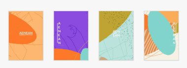 Minimum soyut vektör kaplama şablonu. Organik grunge, üst üste binen dalgalı şekiller ve çizgiler. El yazısıyla çizilmiş pastel renkli arka plan. Çizgili noktalı yaprak formları. Çağdaş tasarım.