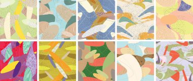 Soyut vektörsüz şablon ayarlandı. Organik grunge, üst üste binen dalgalı şekiller ve çizgiler. El yazısıyla çizilmiş pastel renkli arka plan. Çizgili noktalı yaprak formları. Düz tekstil kumaşı.