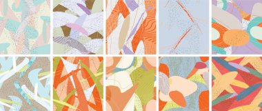 Soyut vektörsüz şablon ayarlandı. Organik grunge, üst üste binen dalgalı şekiller ve çizgiler. El yazısıyla çizilmiş pastel renkli arka plan. Çizgili noktalı yaprak formları. Düz tekstil kumaşı.