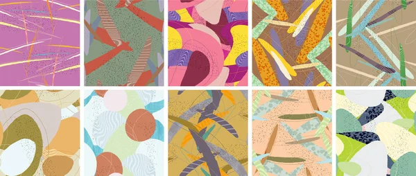 Soyut vektörsüz şablon ayarlandı. Organik grunge, üst üste binen dalgalı şekiller ve çizgiler. El yazısıyla çizilmiş pastel renkli arka plan. Çizgili noktalı yaprak formları. Düz tekstil kumaşı.