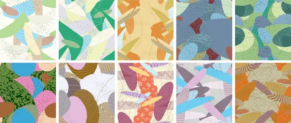 Soyut vektörsüz şablon ayarlandı. Organik grunge, üst üste binen dalgalı şekiller ve çizgiler. El yazısıyla çizilmiş pastel renkli arka plan. Çizgili noktalı yaprak formları. Düz tekstil kumaşı.