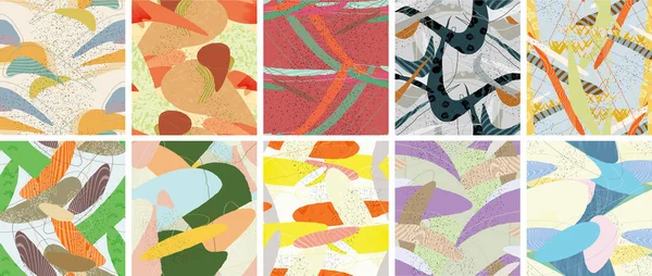 Soyut vektörsüz şablon ayarlandı. Organik grunge, üst üste binen dalgalı şekiller ve çizgiler. El yazısıyla çizilmiş pastel renkli arka plan. Çizgili noktalı yaprak formları. Düz tekstil kumaşı.