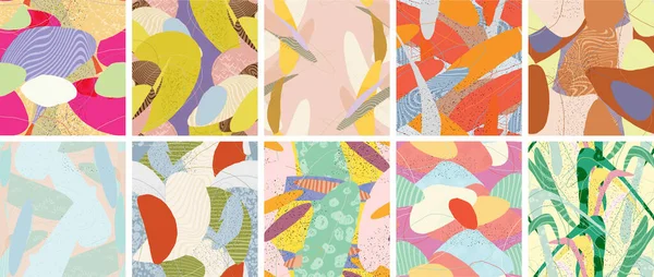 Soyut vektörsüz şablon ayarlandı. Organik grunge, üst üste binen dalgalı şekiller ve çizgiler. El yazısıyla çizilmiş pastel renkli arka plan. Çizgili noktalı yaprak formları. Düz tekstil kumaşı.