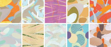 Soyut vektörsüz şablon ayarlandı. Organik grunge, üst üste binen dalgalı şekiller ve çizgiler. El yazısıyla çizilmiş pastel renkli arka plan. Çizgili noktalı yaprak formları. Düz tekstil kumaşı.