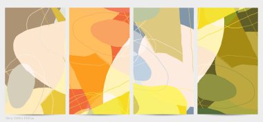 Asgari moda tarzında bir grup vektör soyut yaratıcı arka plan. Sosyal medya için modern şablonlar. Eğlenceli karalama şekli. Soyut geometrik şekilleri ve renkleri olan sanat manzarası.