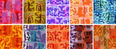 Vektörsüz şablon ayarlandı. Organik Matisse şekilleri. Doğal toprak renginde çiçek sualtı yaşamı. Soyut deniz yosunu kamuflaj arka planı. Moda dalgalı geometri. Rastgele katmanlanmış el çizimi sanat.