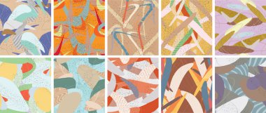 Soyut vektörsüz şablon ayarlandı. Organik grunge, üst üste binen dalgalı şekiller ve çizgiler. El yazısıyla çizilmiş pastel renkli arka plan. Çizgili noktalı yaprak formları. Düz tekstil kumaşı.