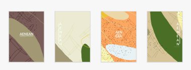 Minimum soyut vektör kaplama şablonu. Organik grunge, üst üste binen dalgalı şekiller ve çizgiler. El yazısıyla çizilmiş pastel renkli arka plan. Çizgili noktalı yaprak formları. Çağdaş tasarım.