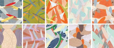 Soyut vektörsüz şablon ayarlandı. Organik grunge, üst üste binen dalgalı şekiller ve çizgiler. El yazısıyla çizilmiş pastel renkli arka plan. Çizgili noktalı yaprak formları. Düz tekstil kumaşı.