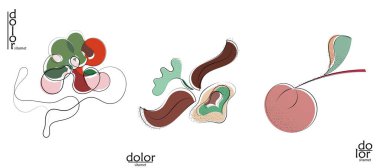 Soyut el çizimi vektör sanatsal logo seti beyaza izole edildi. Çizgi sanatsal çizim ve doku. Retro düz renkler organik doğal Eko gıda tasarımı. Organik sağlıklı vejetaryen karalaması..