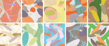 Soyut vektörsüz şablon ayarlandı. Organik grunge, üst üste binen dalgalı şekiller ve çizgiler. El yazısıyla çizilmiş pastel renkli arka plan. Çizgili noktalı yaprak formları. Düz tekstil kumaşı.