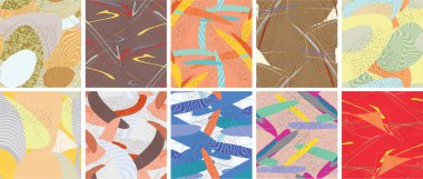 Soyut vektörsüz şablon ayarlandı. Organik grunge, üst üste binen dalgalı şekiller ve çizgiler. El yazısıyla çizilmiş pastel renkli arka plan. Çizgili noktalı yaprak formları. Düz tekstil kumaşı.