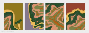 Soyut üç boyutlu kağıt, sanatı keser. Dalgalı kağıt işçiliğiyle renkli bir arka plan. Sanatsal vektör gerçekçi gölgeli şekilleri kesiyor. Parlak oyma dokusu. Topografi yardım taklidi.