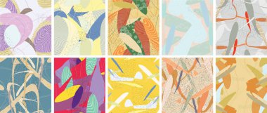 Soyut vektörsüz şablon ayarlandı. Organik grunge, üst üste binen dalgalı şekiller ve çizgiler. El yazısıyla çizilmiş pastel renkli arka plan. Çizgili noktalı yaprak formları. Düz tekstil kumaşı.