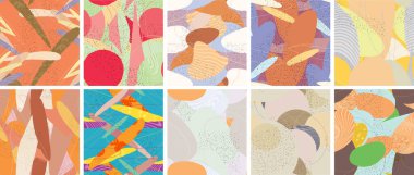 Soyut vektörsüz şablon ayarlandı. Organik grunge, üst üste binen dalgalı şekiller ve çizgiler. El yazısıyla çizilmiş pastel renkli arka plan. Çizgili noktalı yaprak formları. Düz tekstil kumaşı.