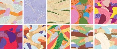 Soyut vektörsüz şablon ayarlandı. Organik grunge, üst üste binen dalgalı şekiller ve çizgiler. El yazısıyla çizilmiş pastel renkli arka plan. Çizgili noktalı yaprak formları. Düz tekstil kumaşı.