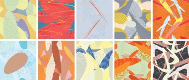 Soyut vektörsüz şablon ayarlandı. Organik grunge, üst üste binen dalgalı şekiller ve çizgiler. El yazısıyla çizilmiş pastel renkli arka plan. Çizgili noktalı yaprak formları. Düz tekstil kumaşı.