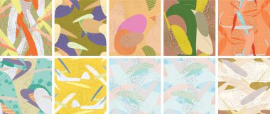 Soyut vektörsüz şablon ayarlandı. Organik grunge, üst üste binen dalgalı şekiller ve çizgiler. El yazısıyla çizilmiş pastel renkli arka plan. Çizgili noktalı yaprak formları. Düz tekstil kumaşı.