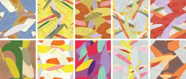 Soyut vektörsüz şablon ayarlandı. Organik grunge, üst üste binen dalgalı şekiller ve çizgiler. El yazısıyla çizilmiş pastel renkli arka plan. Çizgili noktalı yaprak formları. Düz tekstil kumaşı.