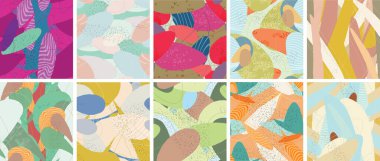 Soyut vektörsüz şablon ayarlandı. Organik grunge, üst üste binen dalgalı şekiller ve çizgiler. El yazısıyla çizilmiş pastel renkli arka plan. Çizgili noktalı yaprak formları. Düz tekstil kumaşı.