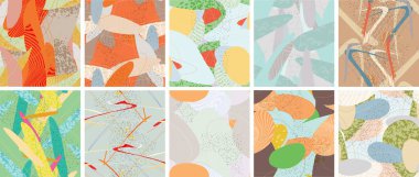 Soyut vektörsüz şablon ayarlandı. Organik grunge, üst üste binen dalgalı şekiller ve çizgiler. El yazısıyla çizilmiş pastel renkli arka plan. Çizgili noktalı yaprak formları. Düz tekstil kumaşı.