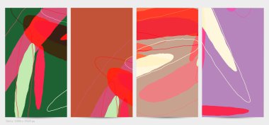 Asgari moda tarzında bir grup vektör soyut yaratıcı arka plan. Sosyal medya için modern şablonlar. Eğlenceli karalama şekli. Soyut geometrik şekilleri ve renkleri olan sanat manzarası.