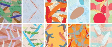 Soyut vektörsüz şablon ayarlandı. Organik grunge, üst üste binen dalgalı şekiller ve çizgiler. El yazısıyla çizilmiş pastel renkli arka plan. Çizgili noktalı yaprak formları. Düz tekstil kumaşı.