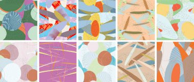 Soyut vektörsüz şablon ayarlandı. Organik grunge, üst üste binen dalgalı şekiller ve çizgiler. El yazısıyla çizilmiş pastel renkli arka plan. Çizgili noktalı yaprak formları. Düz tekstil kumaşı.