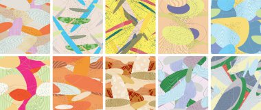 Soyut vektörsüz şablon ayarlandı. Organik grunge, üst üste binen dalgalı şekiller ve çizgiler. El yazısıyla çizilmiş pastel renkli arka plan. Çizgili noktalı yaprak formları. Düz tekstil kumaşı.