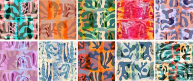 Vektörsüz şablon ayarlandı. Organik Matisse şekilleri. Doğal toprak renginde çiçek sualtı yaşamı. Soyut deniz yosunu kamuflaj arka planı. Moda dalgalı geometri. Rastgele katmanlanmış el çizimi sanat.