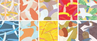 Soyut vektörsüz şablon ayarlandı. Organik grunge, üst üste binen dalgalı şekiller ve çizgiler. El yazısıyla çizilmiş pastel renkli arka plan. Çizgili noktalı yaprak formları. Düz tekstil kumaşı.