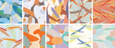 Soyut vektörsüz şablon ayarlandı. Organik grunge, üst üste binen dalgalı şekiller ve çizgiler. El yazısıyla çizilmiş pastel renkli arka plan. Çizgili noktalı yaprak formları. Düz tekstil kumaşı.