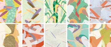 Soyut vektörsüz şablon ayarlandı. Organik grunge, üst üste binen dalgalı şekiller ve çizgiler. El yazısıyla çizilmiş pastel renkli arka plan. Çizgili noktalı yaprak formları. Düz tekstil kumaşı.