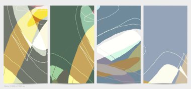 Asgari moda tarzında bir grup vektör soyut yaratıcı arka plan. Sosyal medya için modern şablonlar. Eğlenceli karalama şekli. Soyut geometrik şekilleri ve renkleri olan sanat manzarası.