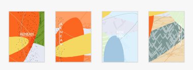 Retro hipster sanat baskısı ya da poster tasarımı. Dalgalı karışık şekiller. Üst üste çizilmiş el dokusu. Çizgiler, noktalar ve karalamalar egzotik tropikal arka plan yaratır. Doğal organik renkler.