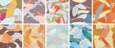 Soyut vektörsüz şablon ayarlandı. Organik grunge, üst üste binen dalgalı şekiller ve çizgiler. El yazısıyla çizilmiş pastel renkli arka plan. Çizgili noktalı yaprak formları. Düz tekstil kumaşı.