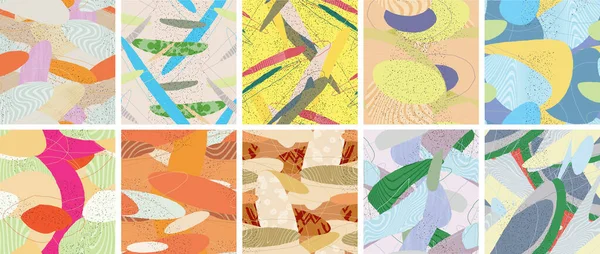 Soyut vektörsüz şablon ayarlandı. Organik grunge, üst üste binen dalgalı şekiller ve çizgiler. El yazısıyla çizilmiş pastel renkli arka plan. Çizgili noktalı yaprak formları. Düz tekstil kumaşı.